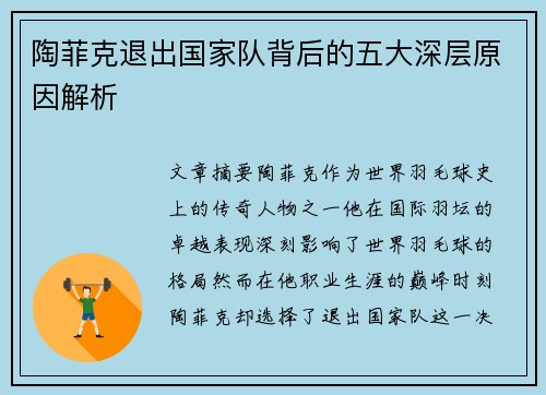 陶菲克退出国家队背后的五大深层原因解析