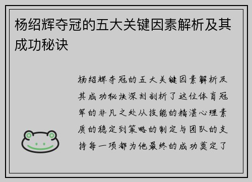 杨绍辉夺冠的五大关键因素解析及其成功秘诀